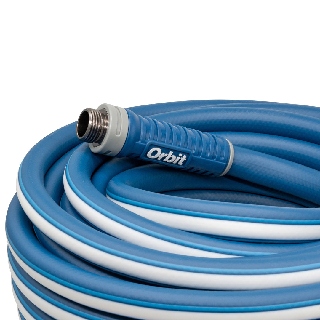 Orbit 100 Ft x 5/8 In Polyfusion Hose has Anodized aluminum crush-resistant couplings. . Model# 22010. 