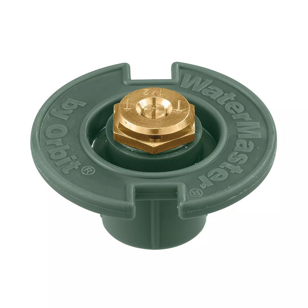 Green plastic half spray pattern flush head sprinkler with brass nozzle.