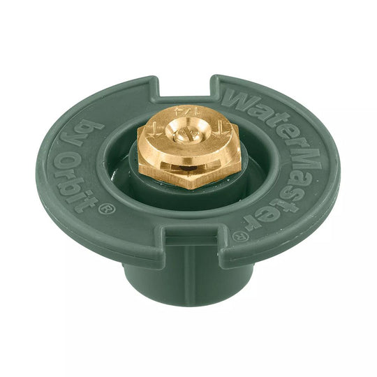 Green plastic quarter spray pattern flush head sprinkler with brass nozzle.