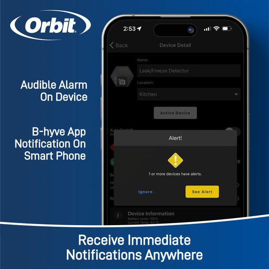 B-hyve app shown on a smartphone. Featuring an audible alarm and the ability to receive immediate notifications anywhere.