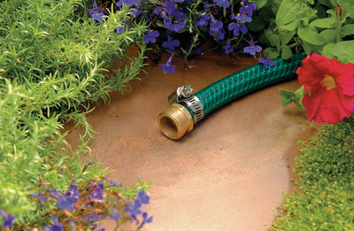Hose in garden that has been repaired with a professional 5/8-inch brass male hose mender with clamp.