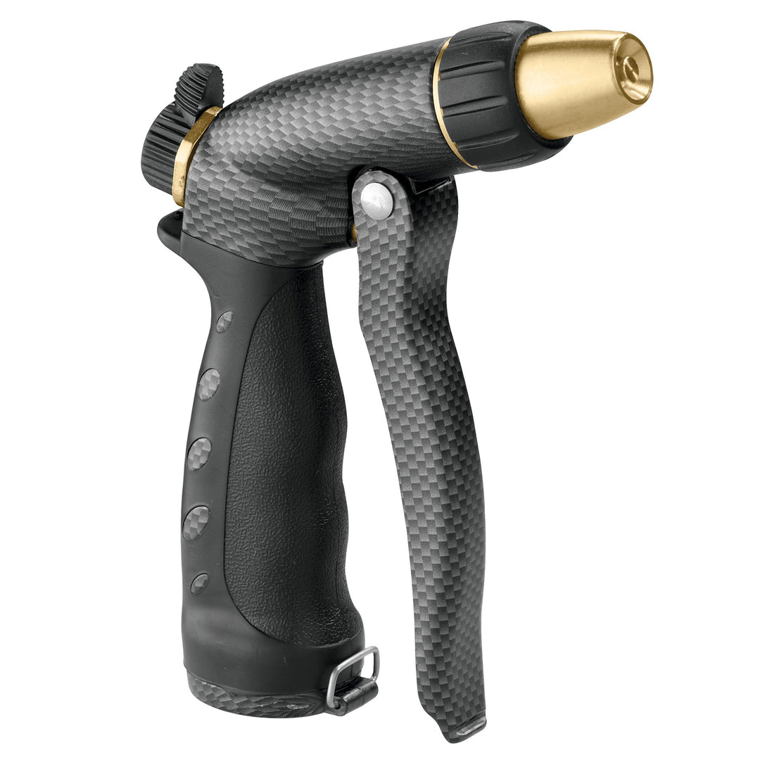 Graphite colored adjustable zinc front trigger nozzle. 